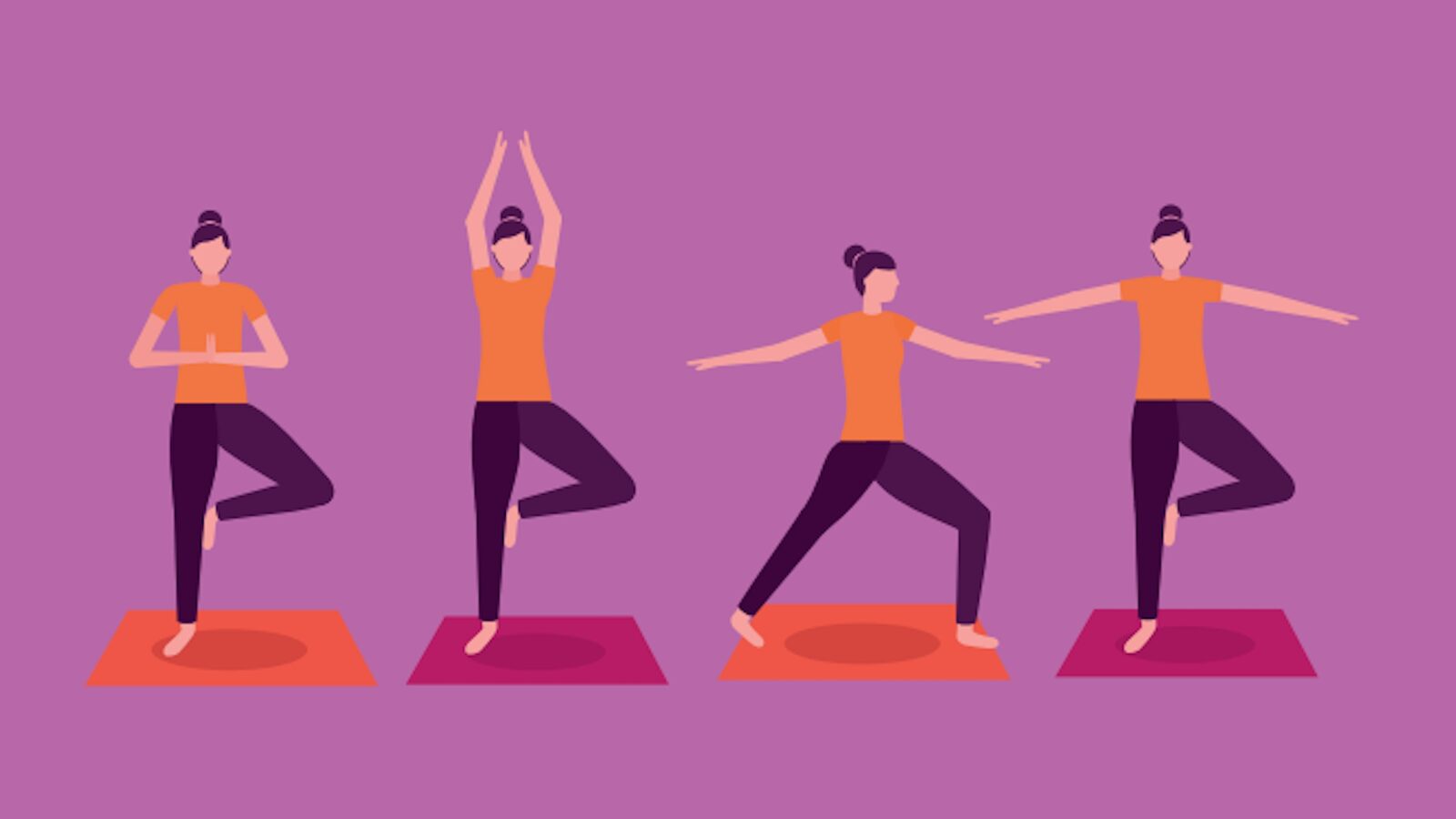 An illustration of four women in yoga poses on mats — tree pose with hands together, tree pose with arms raised, a warrior stance and tree pose with arms outstretched